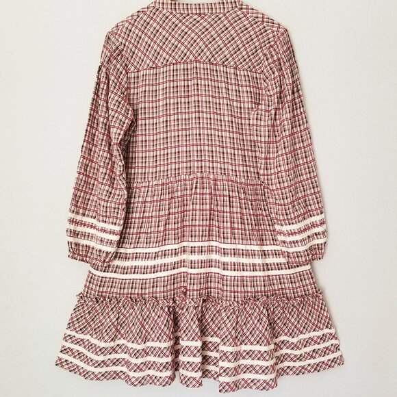 Dear John Plaid Ribbon Trim Tiered Mini Dress S Balloon Sleeves Cottagecore Boho - Picture 3 of 16